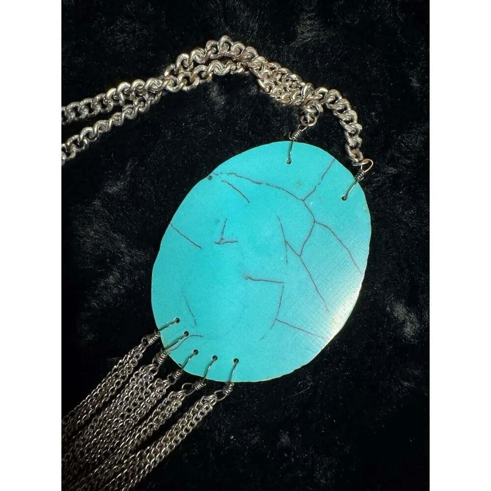 Silver Tone Turquoise Oval Pendant Necklace Long Fringe Southwestern Boho